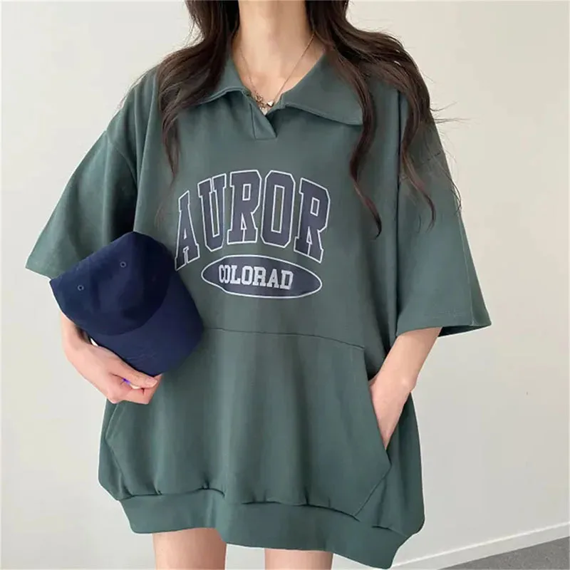 Summer Women Short Sleeve Sweatshirts Harajuku Streetwear Fashion Letter Printed Female Turn-down Collar Hoodies Loose Pullovers