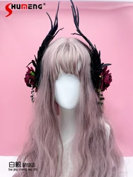 Woman Gothic Dark Feather Rose Duckbill Clip Rose Barrettes Side Clip Original Wings Headdress Accessories Back Pin Rose Brooch