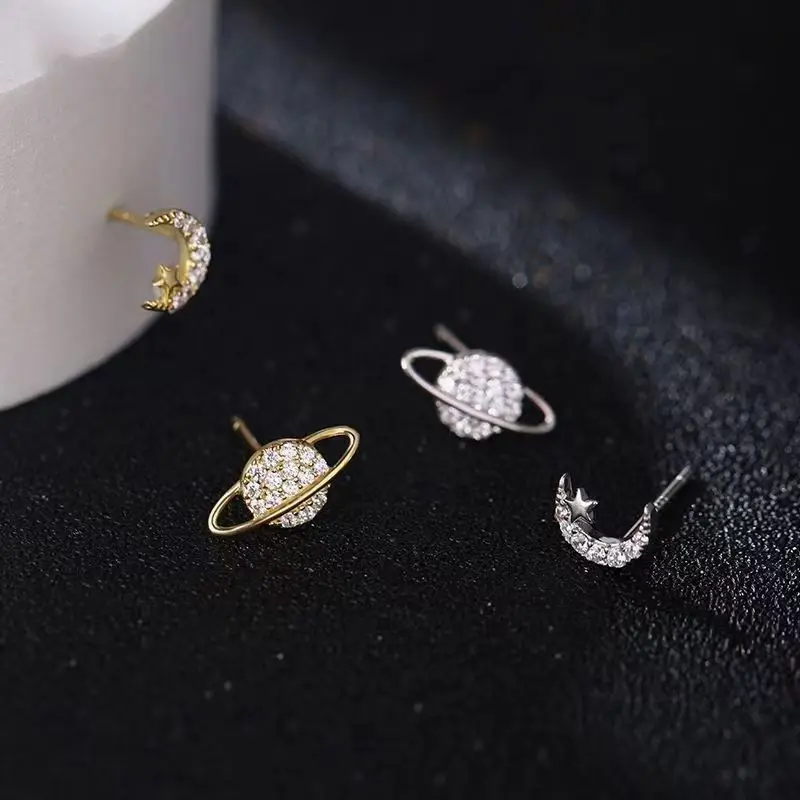 Simple Piercing Stud Earrings for Women Star Moon Zircon 925 Silver Needles Tragus Cartilage Asymmetry Pendiente Plata Jewelry