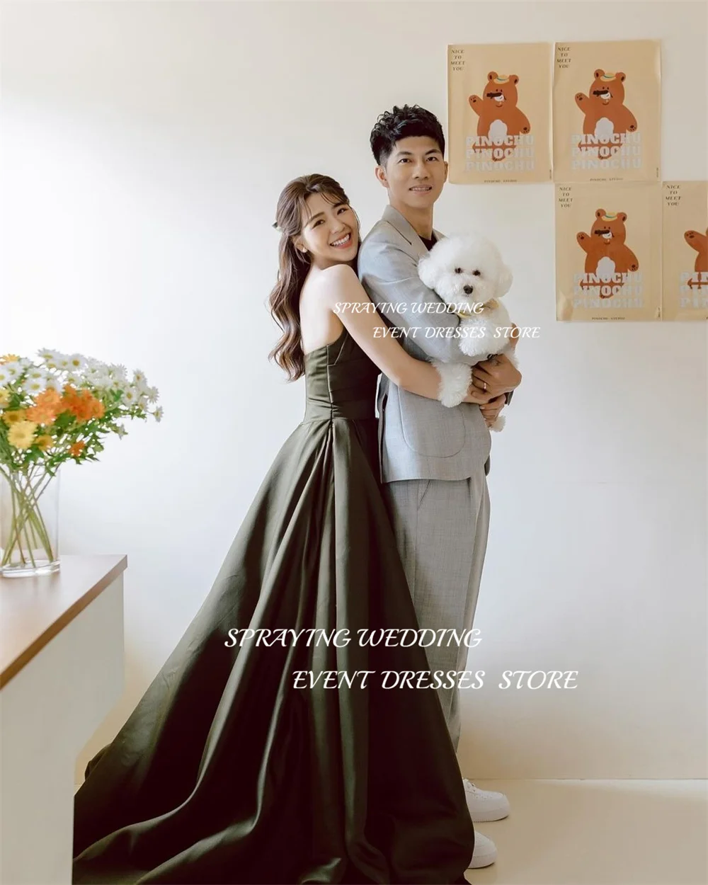 SPRAYING Korea Wedding Photos Simple Strapless V-Neck Long Bridal Gown Floor-Length Corset Back Korean Black Wedding Dresses