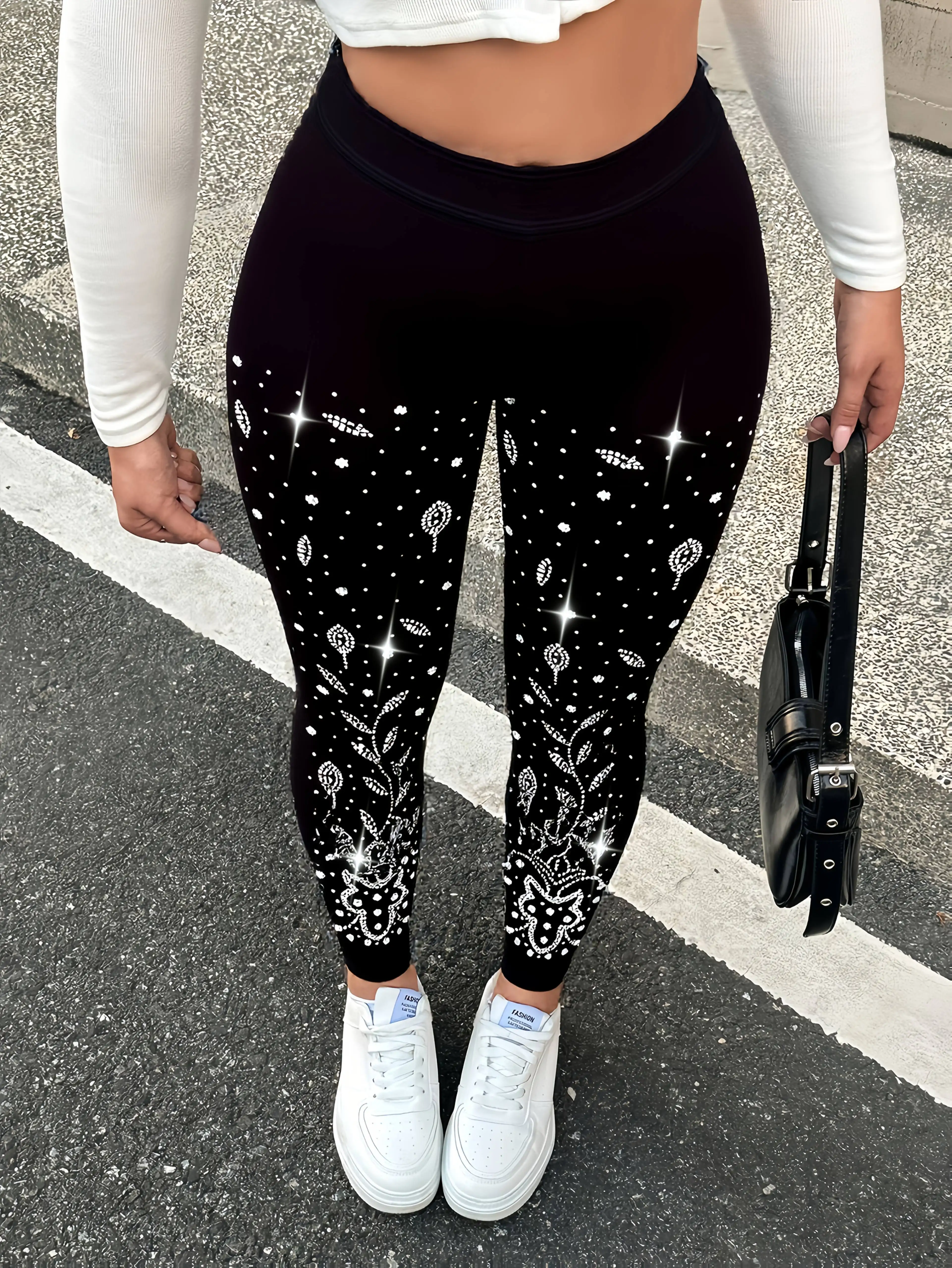 Women's Mid‑Rise Fleece Lined Leggings Silver Star Galaxy Print Stretch Slim Warm Ladies Casual Pants