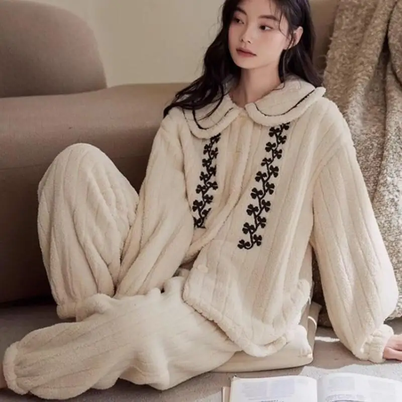 

Coral Fleece Sleepwear Autumn Winter Comfortable New Home Wear Women's Pajama Set Retro Lapel Thickened Flannel Two-Piece Set