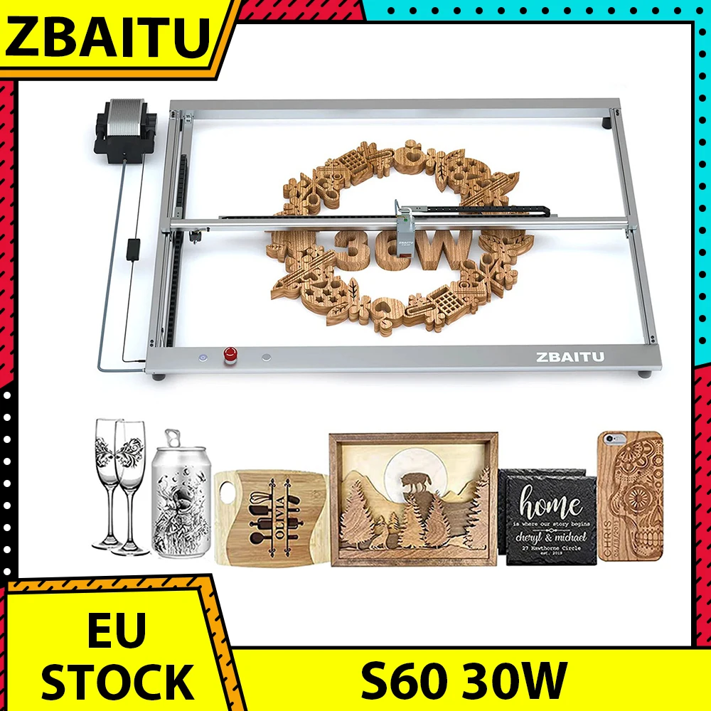 ZBAITU S60 30W Laser Engraver Cutter 800mm/s Engraving Speed Air Assist Nozzle Emergency Stop Button 32-bit Motherboard 80x60cm