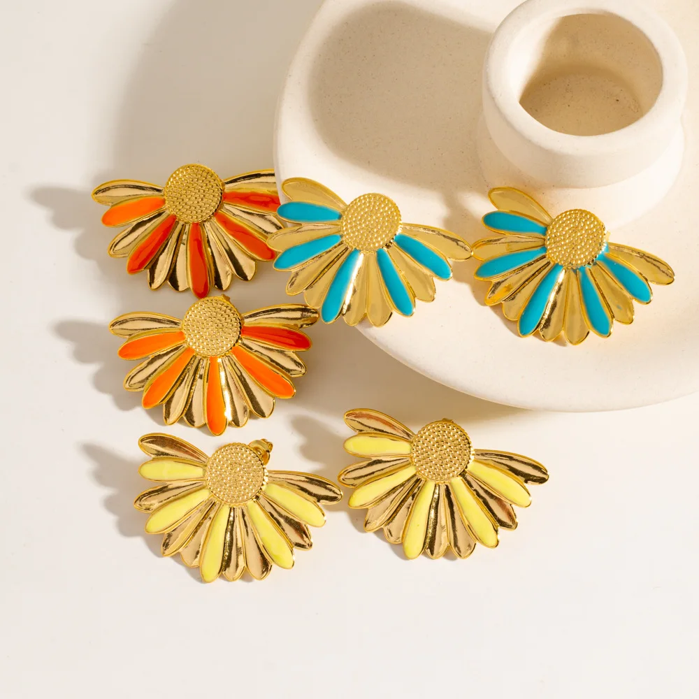 V. Stainless Steel Sweet Colorful Sunflower Oil Drop Sun Earrings for Women Metal Fashion Jewelry