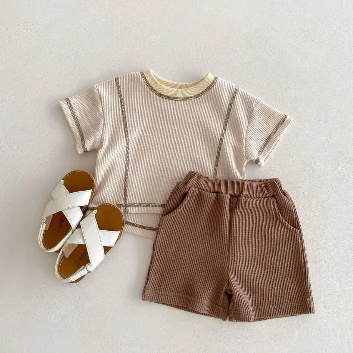 

Sleeve T-shirt Outfit Summer Boys' Suit Korean Style Unisex Baby Summer Loose Fashion Waffle Grid Pants 2-Piece Set Infant Short