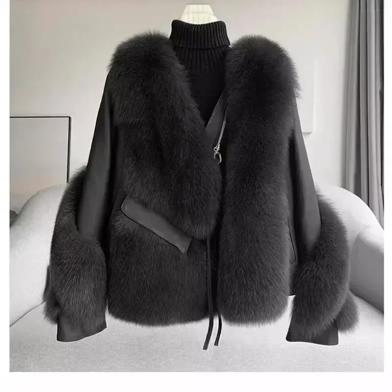 2024 Autumn Winter Fur All-in-One Coat Women's Fox Fur Coat Spliced Sheepskin Motorcycle Coat Thickened Warm Free Shipping