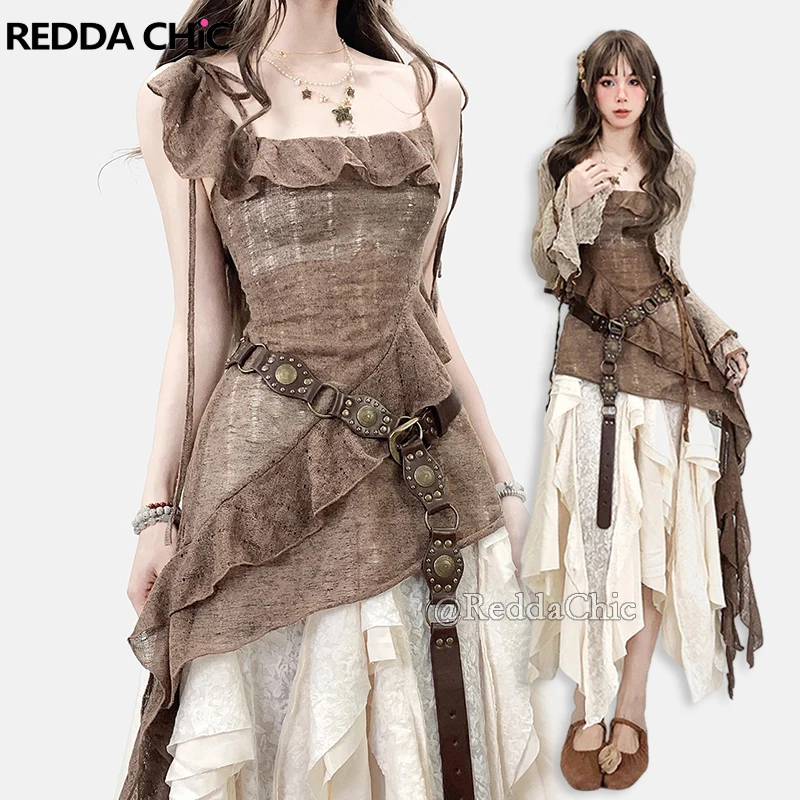REDDACHiC Women Top Skirt Cardigan Set Hollow Knit Tie Up Camisole Irregular Ruffle Low Waist Long Skirt Steampunk Retro Clothes