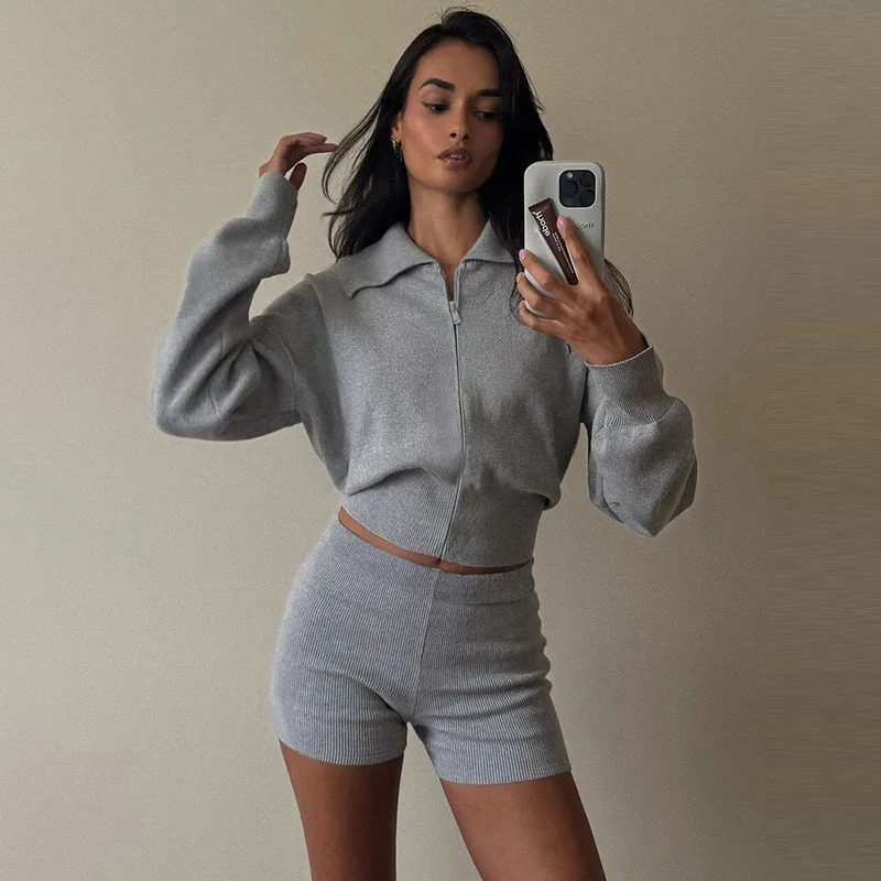 Fmxires mujeres 2025 primavera otoño camisetas de manga larga camisetas pantalones cortos conjuntos de dos piezas trajes artículos básicos al por mayor para negocios