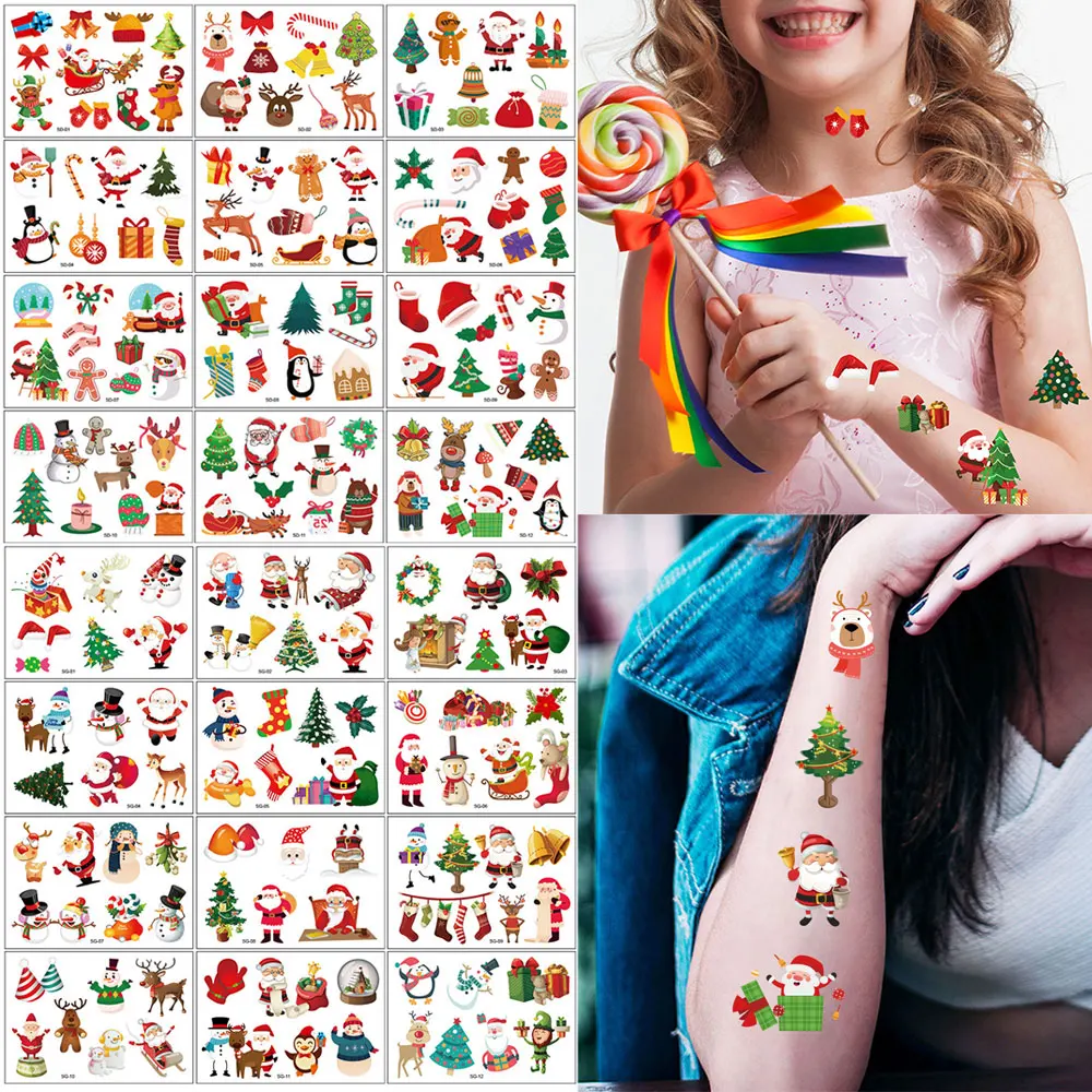 

12 Sheets Temporary Tattoos for Christmas Decoration Cartoon Santa Claus SnowmanPattern Fake Tattoo Stickers