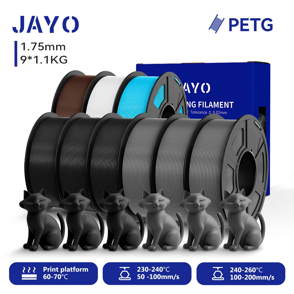 JAYO 9 Rollen 3D PETG/PETG Klares Druckerfilament 1,75 mm ±0,02 mm Hohe Zähigkeit & 100 % ordentlich gewickeltes Filament, passend für 99 % der 3D-FDM-Drucker