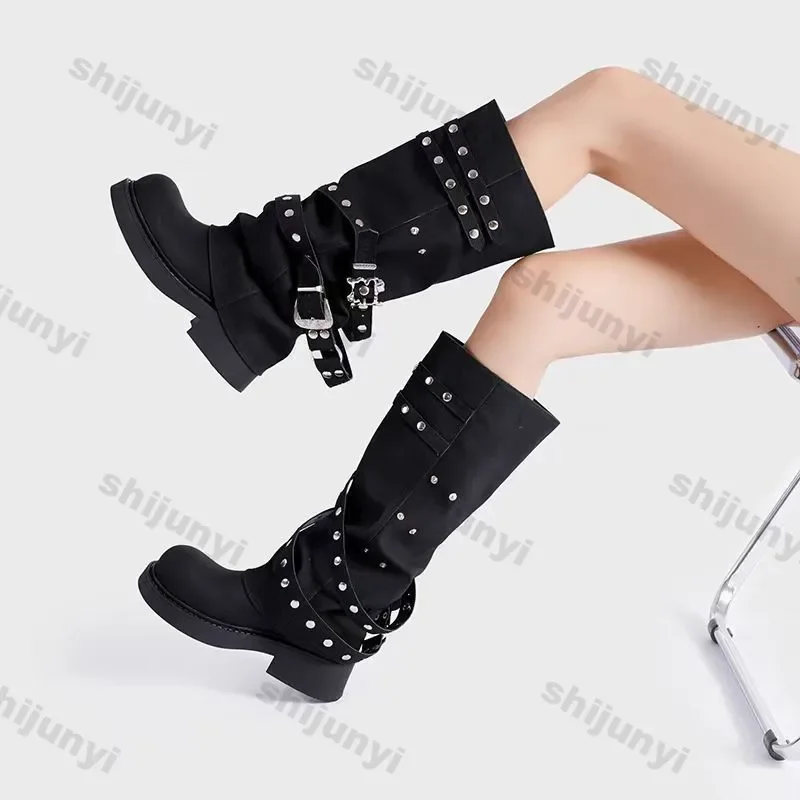 Women Platform Ankle High Pants Boots Winter Leather New Trend Fashion Designer Rivet Buckle Thick Soled Chelsea Botas Mujer