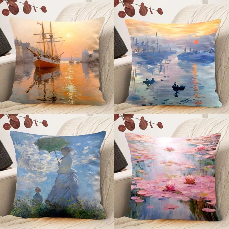 Oil Painting Water Lily Pattern Decorative Pillowcase Living Room Bedroom Square Cushion Pillowcase