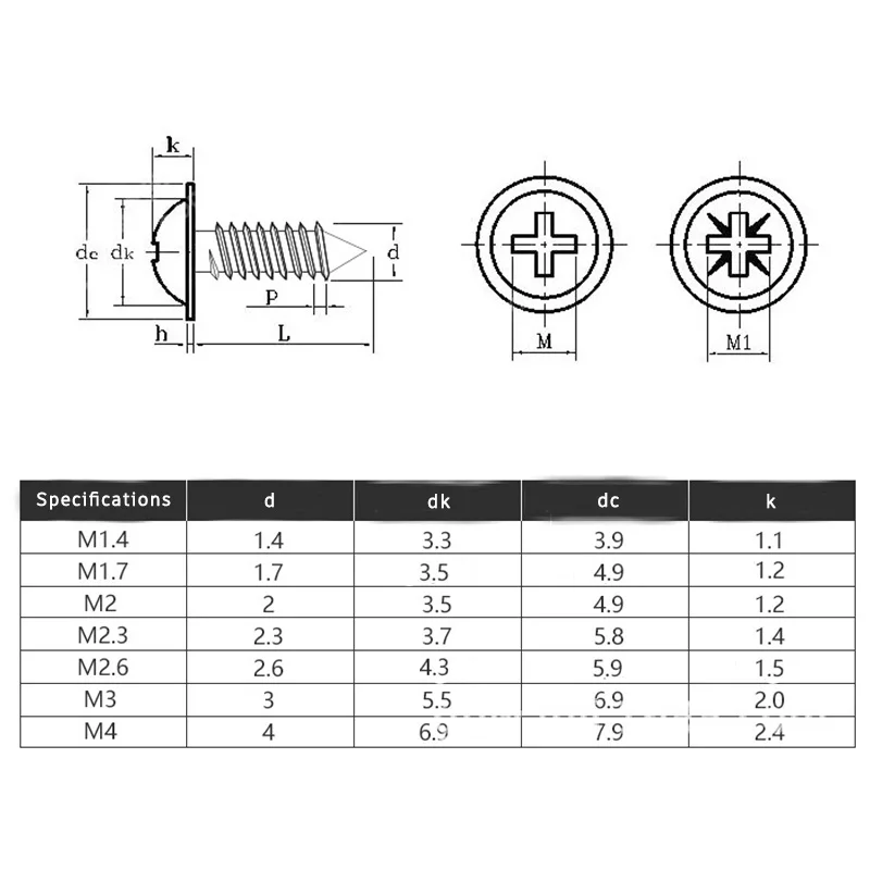 50 Stück M1,4 M1,7 M2 M2,3 M2,6 M3 M4 Kreuzrundkopf mit Unterlegscheibe Selbstschneidende Schraube 304 Edelstahl Holzschrauben – Detail 1