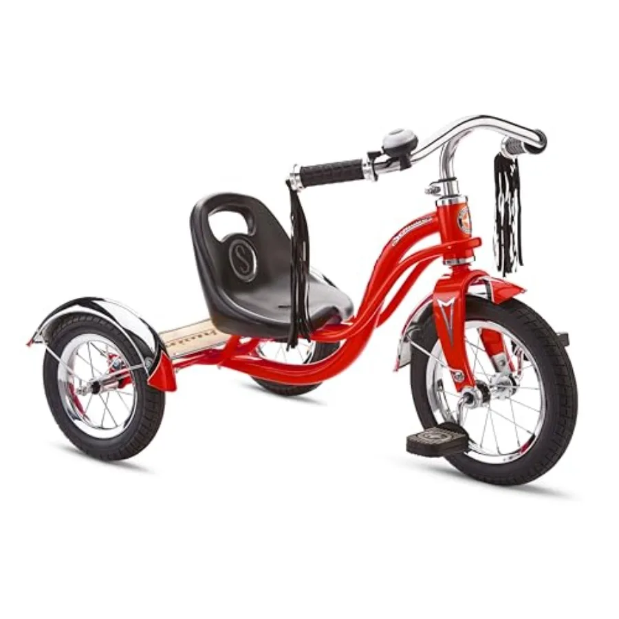 

Roadster Tricycle for toddlers 2-4 years: retro steel frame, red/black, low center of gravity, adjustable seat, rear deck, 12-i
