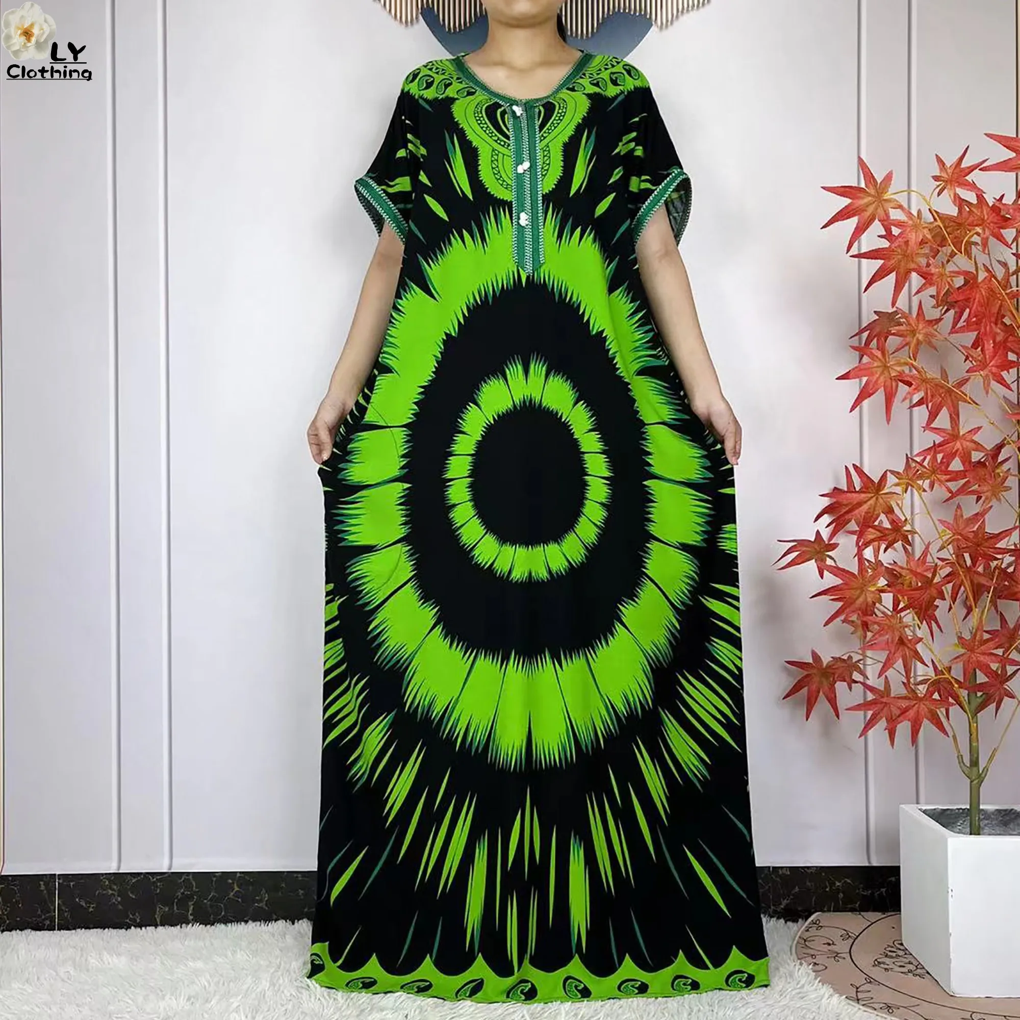 New 2024 Summer Party Dress Women Loose Cotton Short Sleeve Maxi Robe Femme Musulmane African Printing Floral Abaya Vestidos