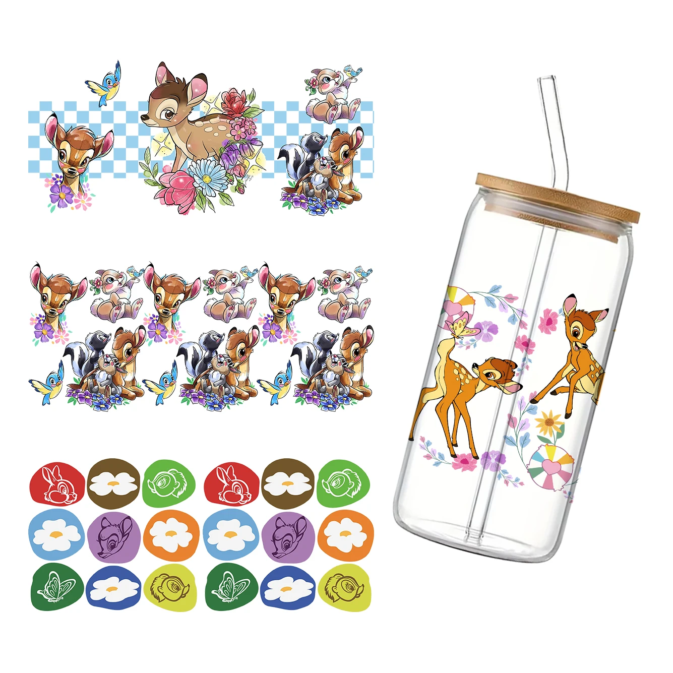 بامبي 11x24 سنتيمتر الكرتون ديزني كأس التفاف ملصق 16 أوقية UV DTF ملصق مضاد للمياه يمكن Libbey الزجاج التفاف ل هدية حفلة