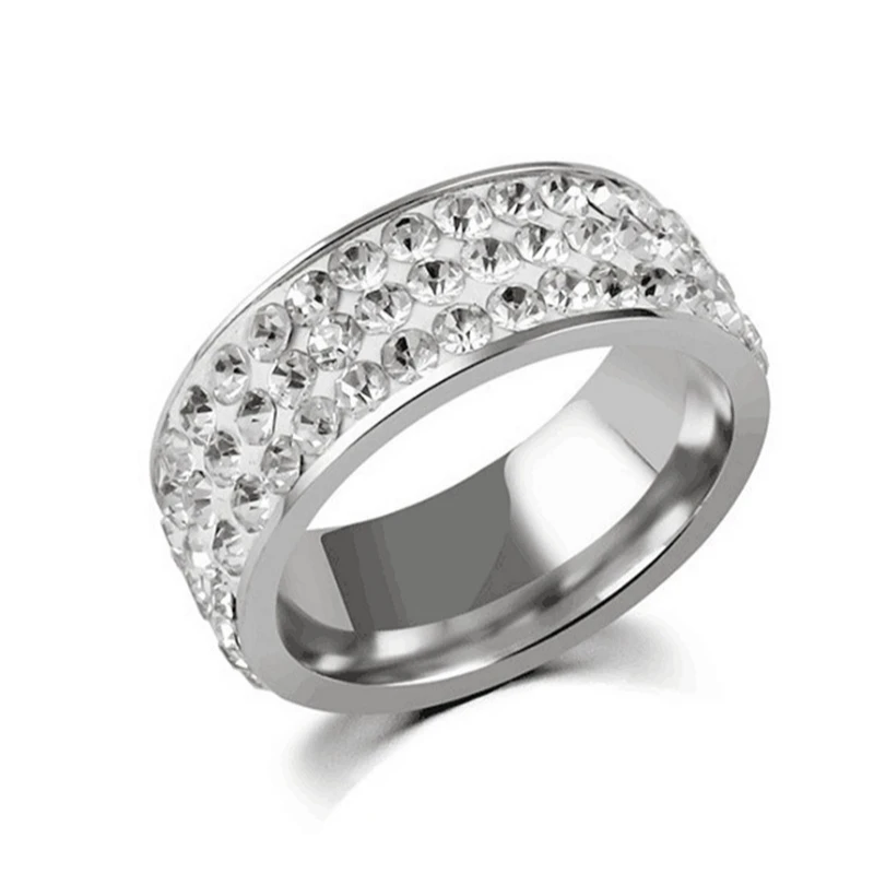 8mm Wide Five Rows Hip Hop Ring Full Rhinestone Shiny Rings Stainless Steel Gold Silver Color Ring for Women Men Jewelry