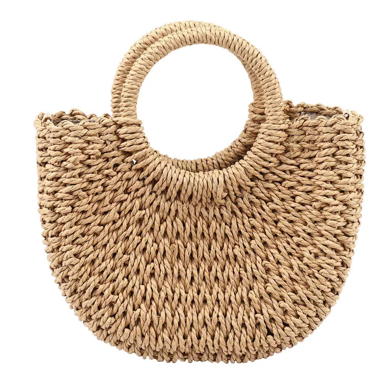 

【SEE】2X Straw Woven Bag Handmade Rattan Woven Vintage Retro Straw Rope Knitted Women Crossbody Handbag With Ring Brown
