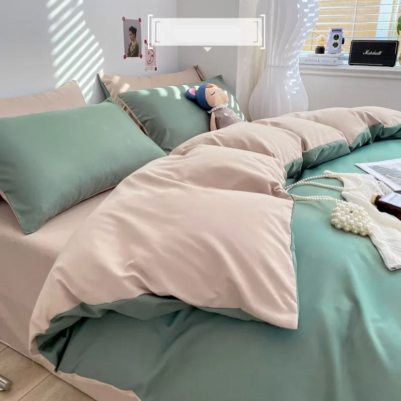 Luxury Washed Cotton Solid Bedding Set 3-4 Pcs Yellow Home King Size Duvet Cover Set with Flat Sheets Simple Queen Bedding Sets
