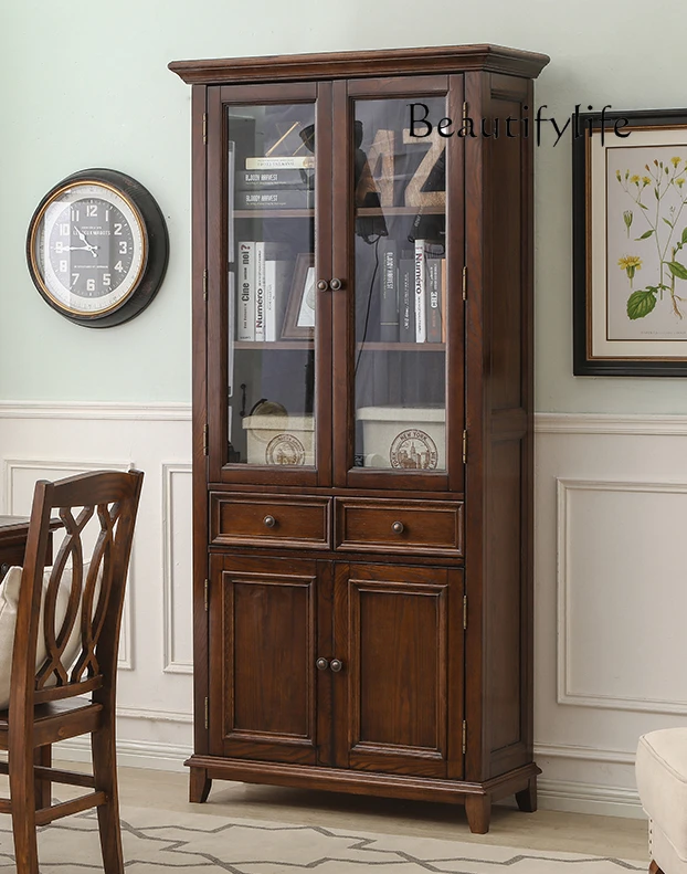 American Country Ash Wood Glass Door Bookcase Modern Minimalist Two-Door Wine Cabinet