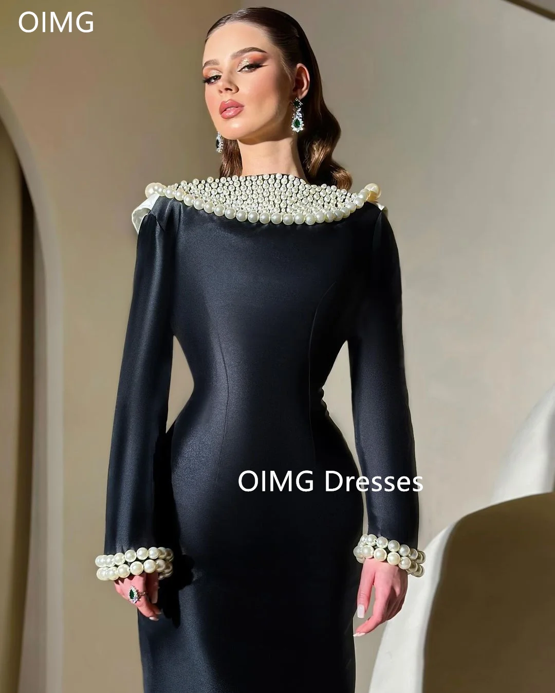 OIMG Gorgeous Fashion Pearls O-Neck Vintage Prom Dresses Floor Length Satin Long Sleeves Black Evening Gowns Formal Party Dress