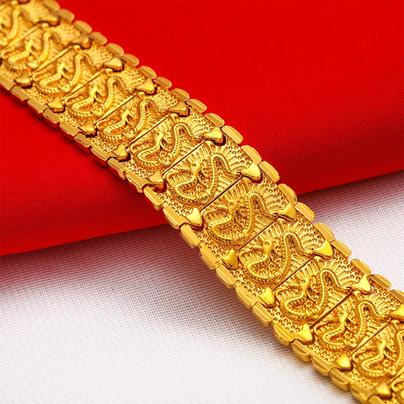 

Men's 24K Gold AU999 Majestic Extended Dragon-Pattern Watch Chain Bracelet | Mirror-finish with archaic patterns