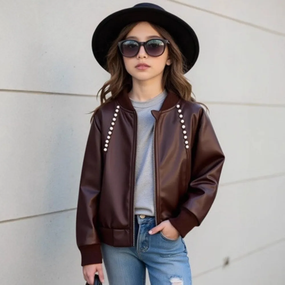 Girls Faux Leather Jacket Spring Autumn Casual Retro Fashion Pearl Decor Zipper PU Coat Sweet Cool Versatile Outerwear