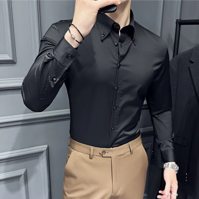 High Quality Lapel Collar Shirt for Men Solid Color Casual Business Dress Shirts Office Social Uniform Shirt Men Clothing 2024