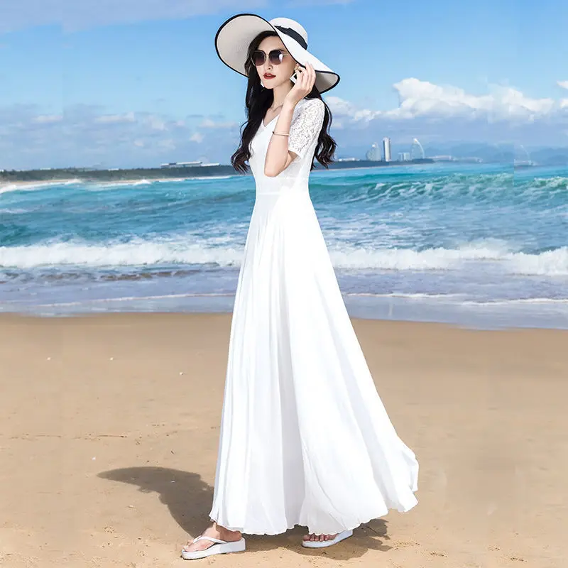 Large Swing Skirt2022Summer Mid-Length White Short Sleeve Lace Chiffon Dress plus Size Vacation Dress Beach Yukang