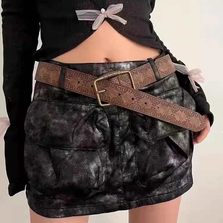 Trendy New American Retro Y2K Belt Women's Ethnic Style Belt 100 Paired Jeans Belt with High Grade Brown