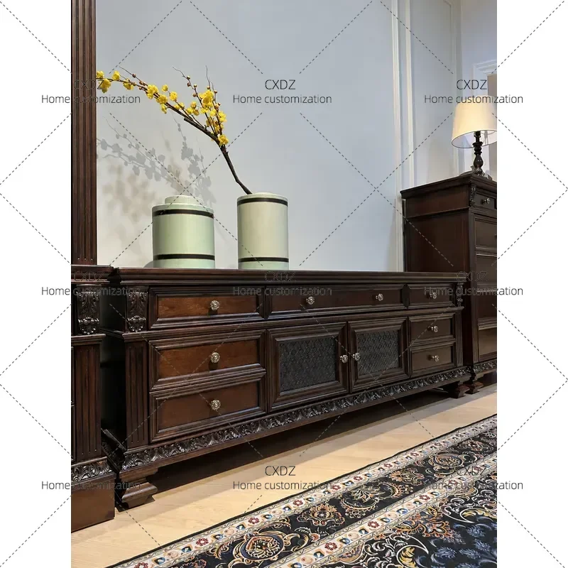 Pure Solid Wood Large TV Cabinet Combination for Villa Living Room High End Classical Engraved Video Storage Console