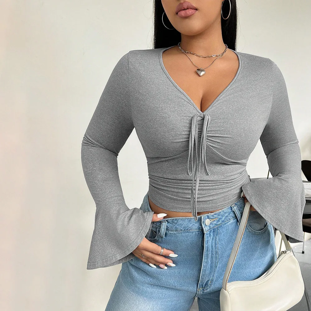 

Autumn and Winter Large-size Women's Clothing V-neck Long-sleeved T-shirt Pure Desire Temperament Slim-fit Short Top