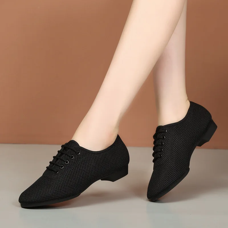 Women Jazz Shoes Ballroom Dance Shoes Black Mesh Soft Sole Modern Ladies Low Block Heel Professional Practice Dancing Sneakers