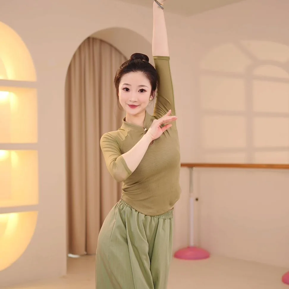 Classical dance clothes women's splicing yarn sleeves spring and summer new slim-fit tops Chinese dance retro practice