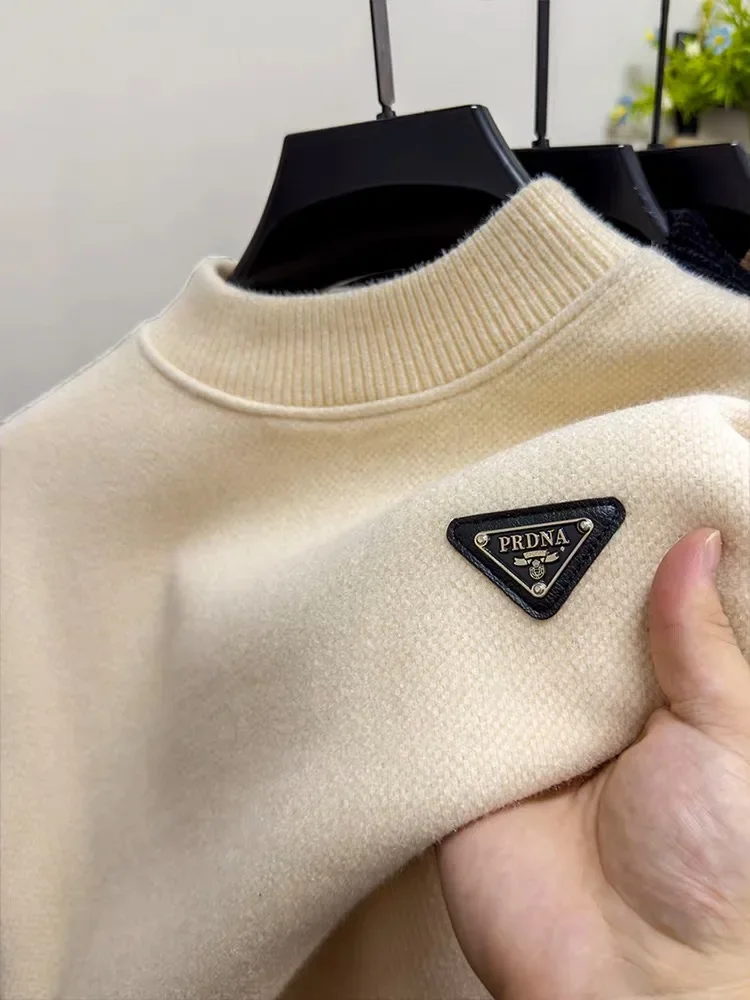 

New Luxury Brand Knitted Sweater Men's 2024 Winter Exquisite Letter Print Leisure Plush Thickening Trend Half High Neck Pullover