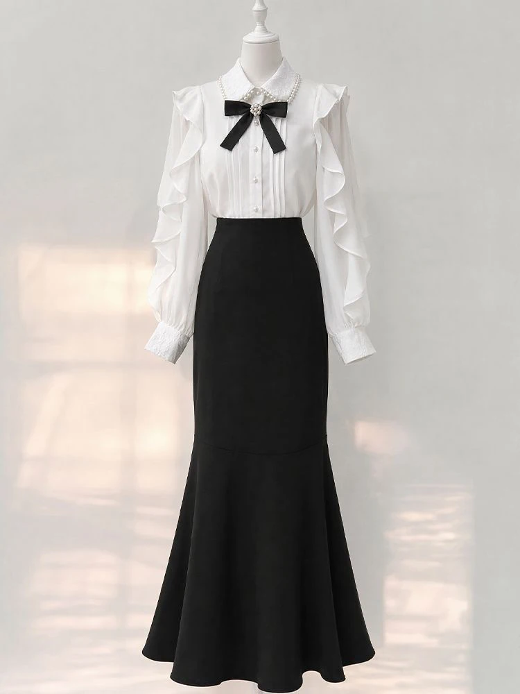 Elegant Pearl Collar Long Sleeve Shirt High Waist Fish Tail Skirt Two Piece Set Women's Early Autumn Slimming Bodycon Outfit
