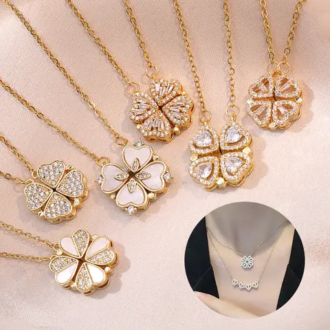 1pc Heart Shaped Four Leaf Clover Pendant Necklace Jewelry Zircon Women Love Clavicle Chain Gifts Openable ChokerJewelry