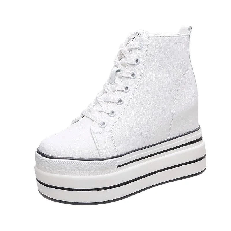 2026 Genuine Leather Shoes New Autumn Winter Lace-up High-top Women Sneaker Shoes High Heels Increase Within Wedges Casual Shoes