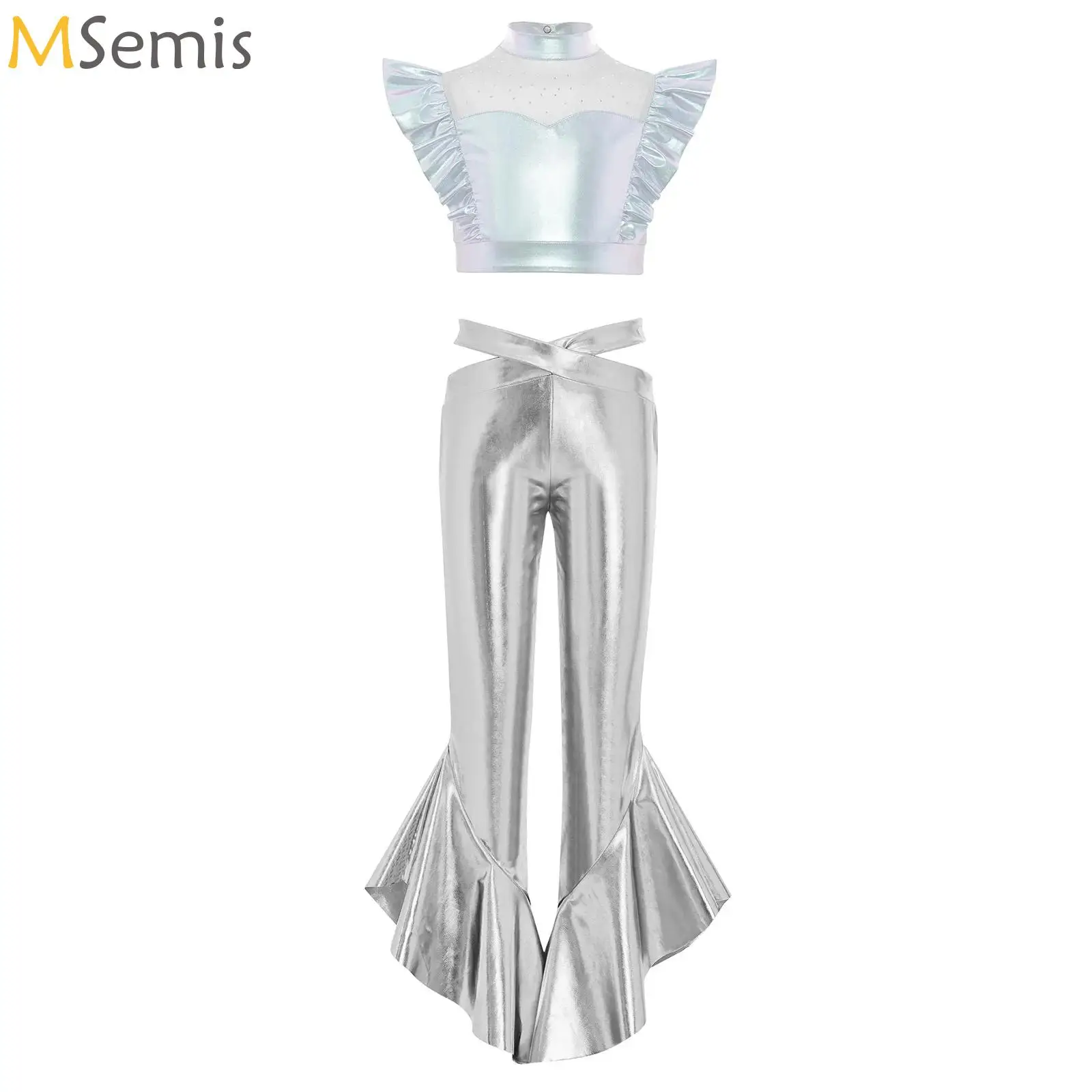 

Teens Metallic Jazz Latin Ballet Dance Costume Sleeveless Ruffle Shiny Crop Top + Flared Pants Jazz Costume Hippie 70s Costumes
