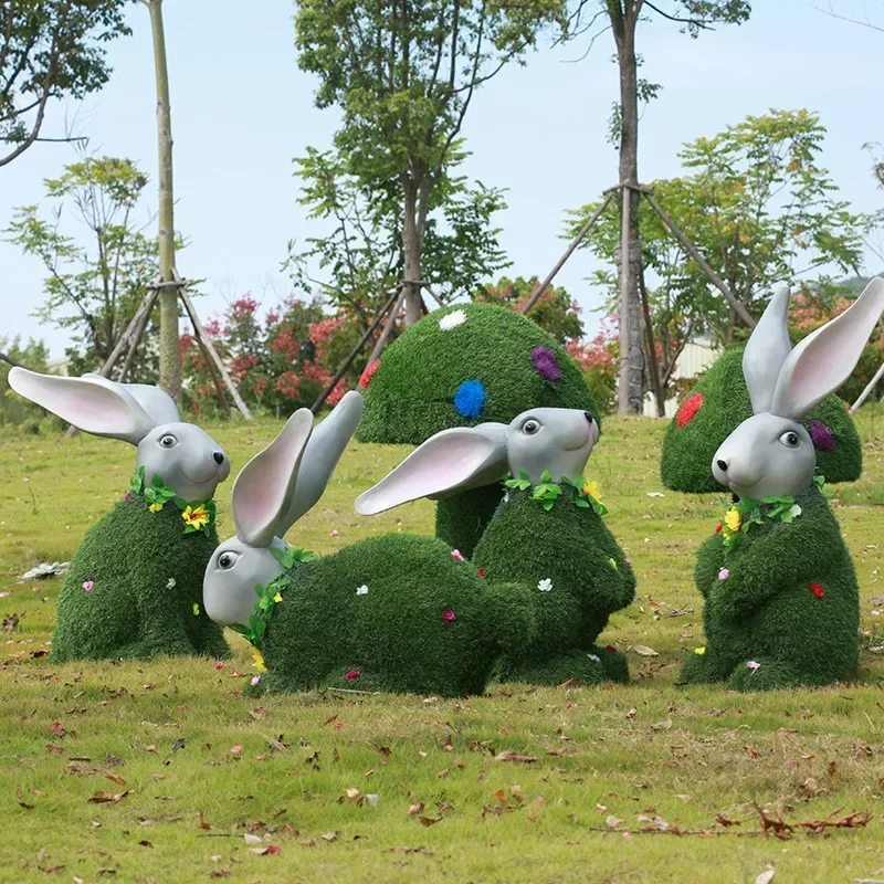 Outdoor green rabbit ornament, fiberglass cartoon rabbit grass animal sculpture, garden garden decoration