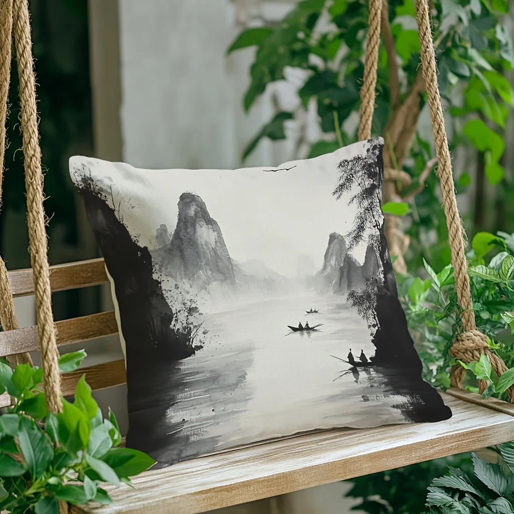 Ink wash painting style pillowcase with misty river and small boat design, suitable for bedroom and living room.