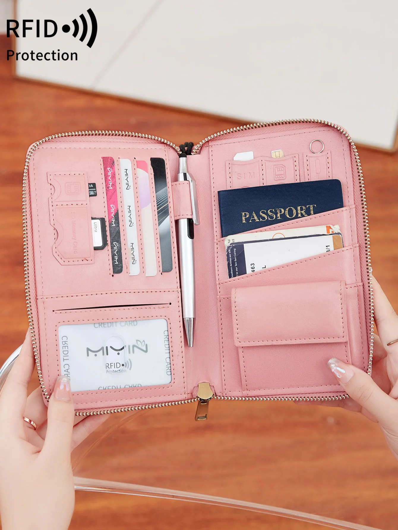 Solid color RFID portable passport holder multifunctional flight ticket passport bag with zipper and wristband travel wallet