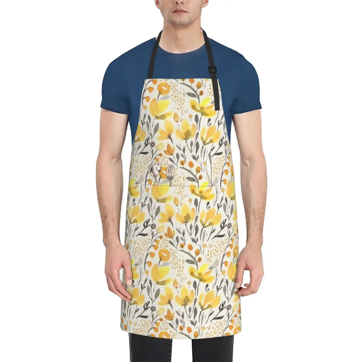 Yellow Field Waterproof Kitchen Apron For Women/Men With Pockets Work Restaurant Shop Waiter Work Uniform