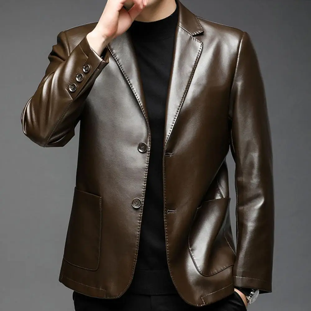 Men\'s Leather Suit Jacket Button Cuffs Lapel PU Jackets Spring Autumn Men Jacket Fake Leather Men Coat Mens Clothing