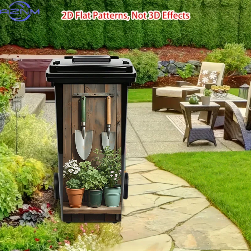 [] /14.57 X 32.28 Inches/Trash Can Sticker, Flower Shovel Potted Wood Wall Art, Themed Design. This Matte Surface Sticker Is S