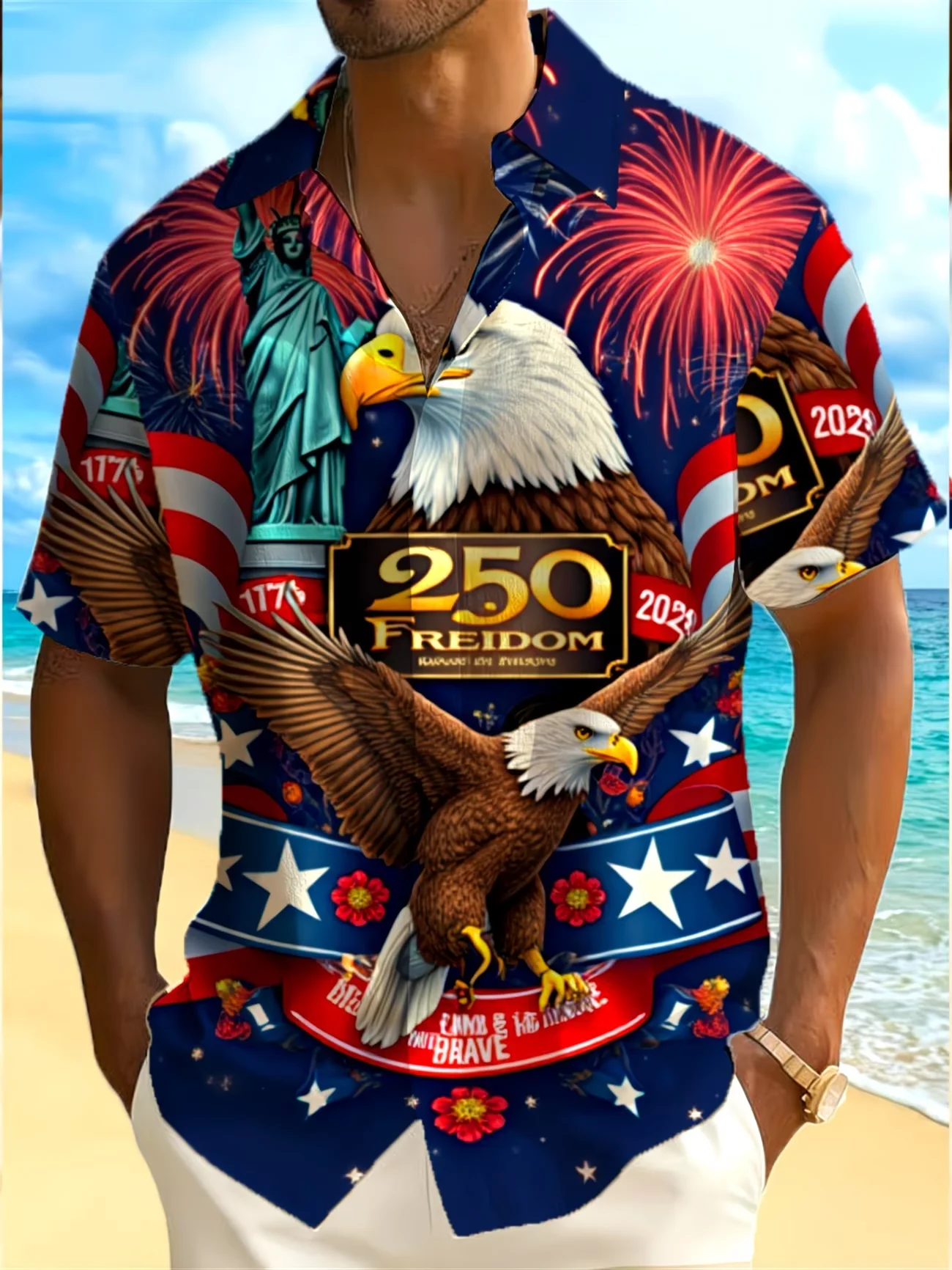 Mens 1776 2026 250th US Independence Anniversary Patriotic Print Short Sleeve Button Down Hawaiian Shirt