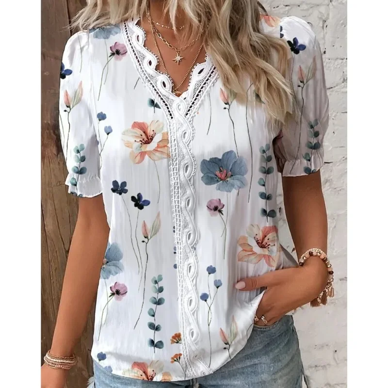 Camisa estampada de retazos de encaje con cuello en V para mujer, blusas elegantes de oficina de manga corta con estampado de flores para mujer 2024