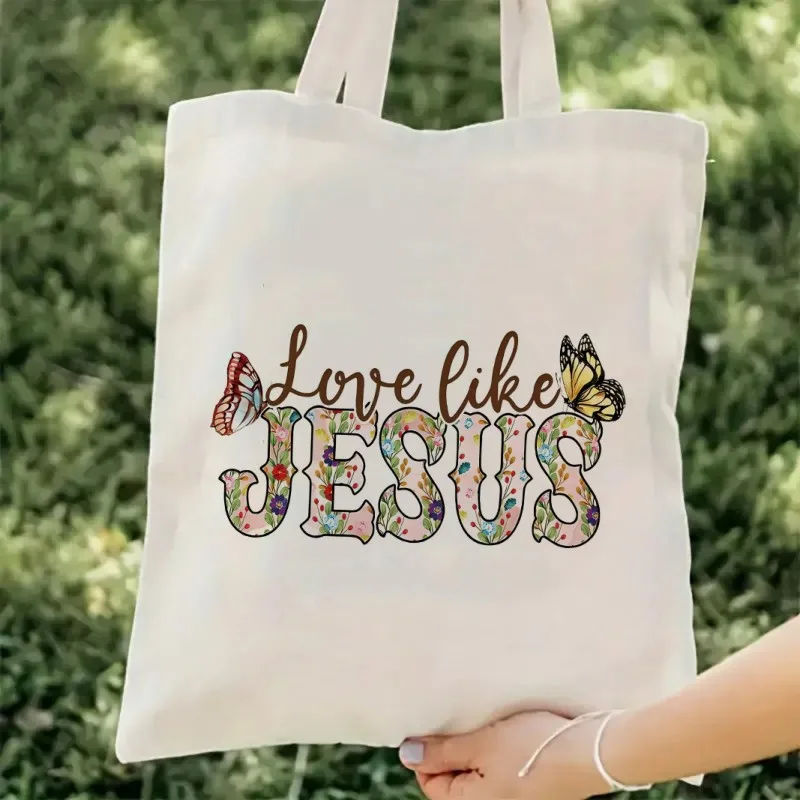 Jesus Print Canvas Tote Bag, Library Book Bag for Book Lovers, Booktrovert Black Handbag