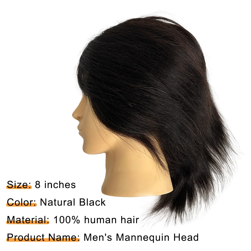 8 Inch 100% Real Human Hair Male Mannequin Head Barber Training Head for Hair Cutting Practice & Cosmetology Teaching