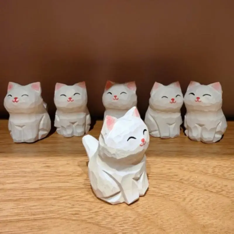 (BF06)White-Cat Figurine Handcrafted Small Wood-Carving Gift Home Bedroom Office Desk Decoration Statue